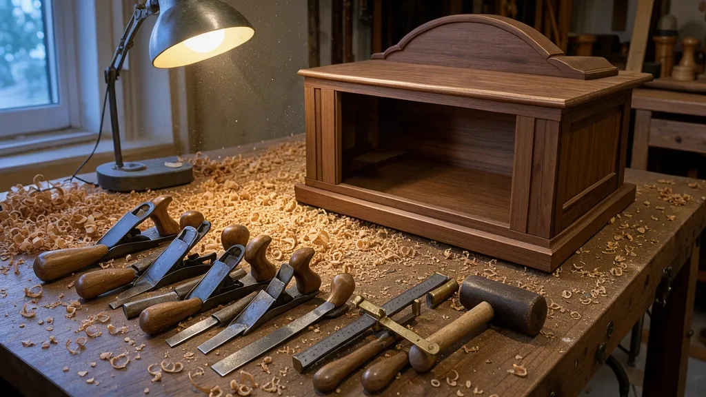 Atelier d'ébénisterie : établi, cale à rabot, calves et copeaux de bois