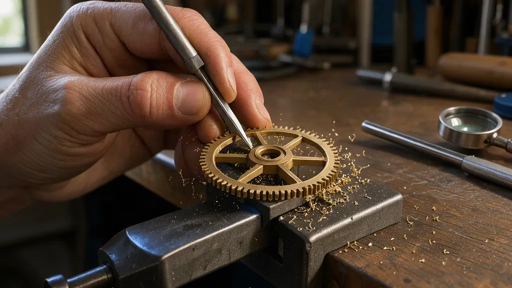 Mains d'un horloger gravant un pignon de laiton dans un étau d'établi