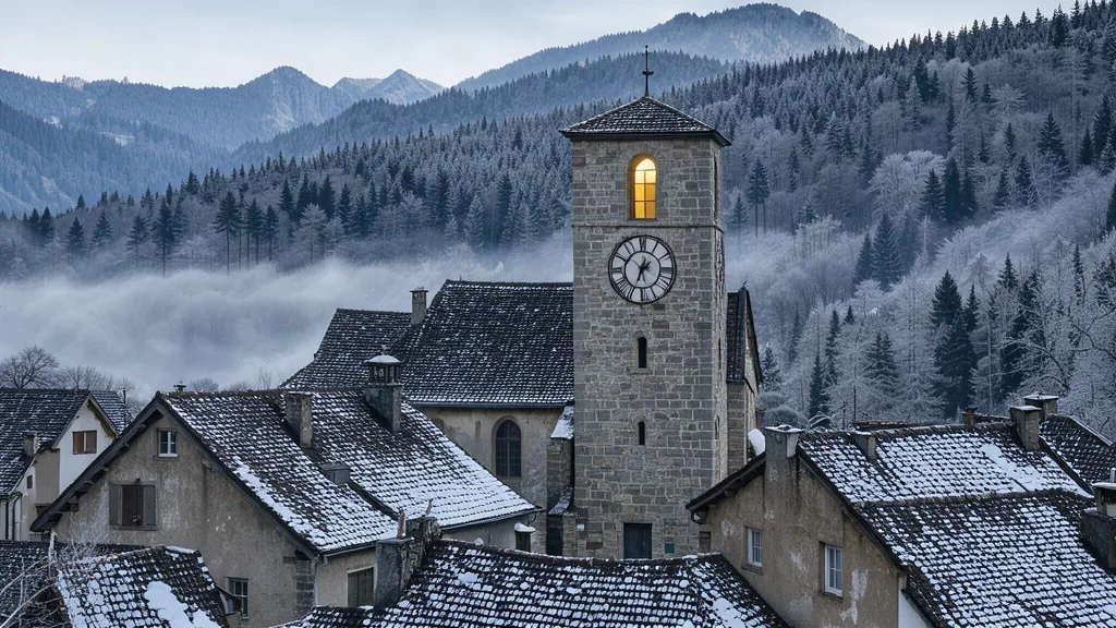 Village du Jura en hiver, clocher à cadran de fer forgé et brume dans la vallée